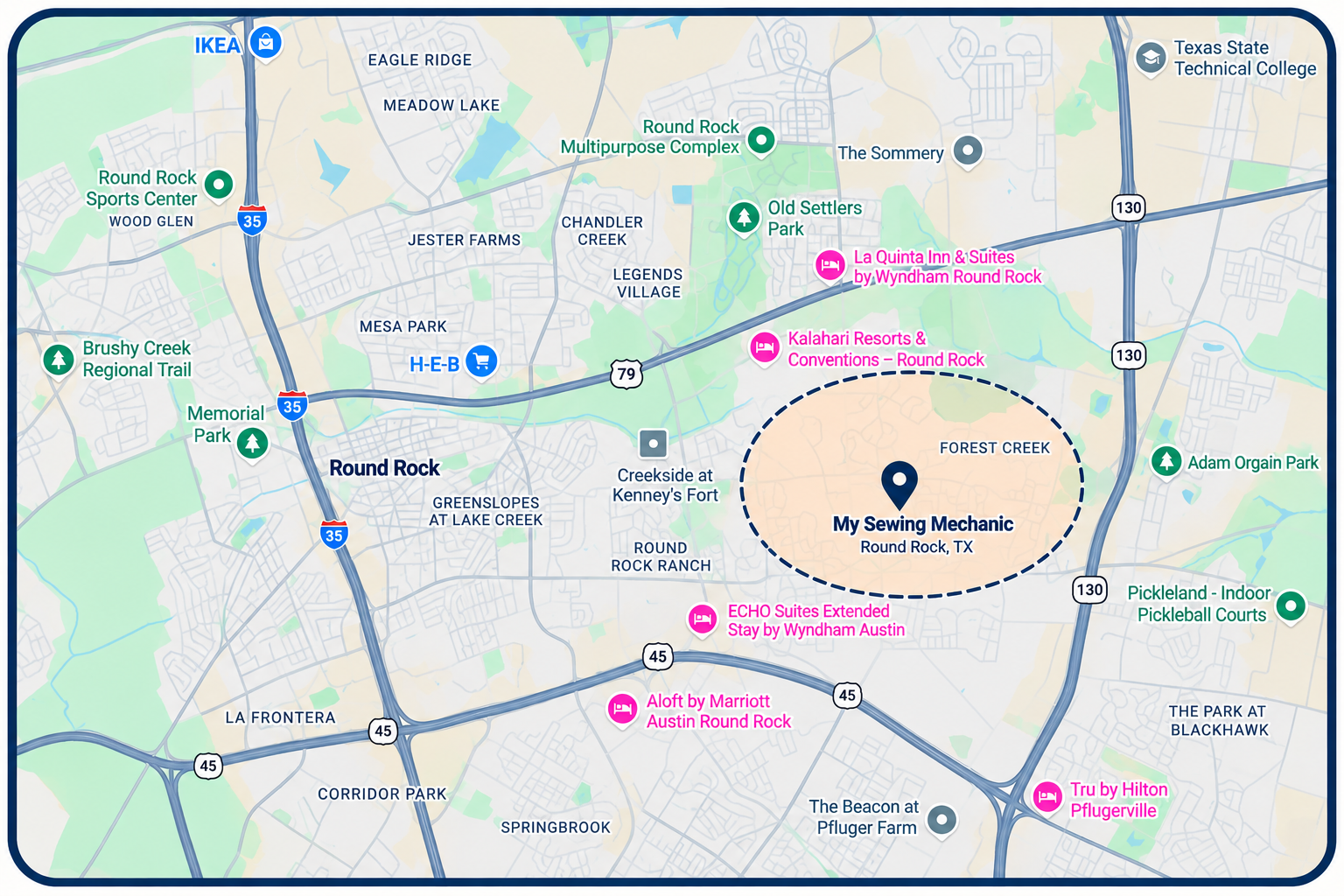 General service area covering Round Rock and the surrounding area, centered near Forest Creek