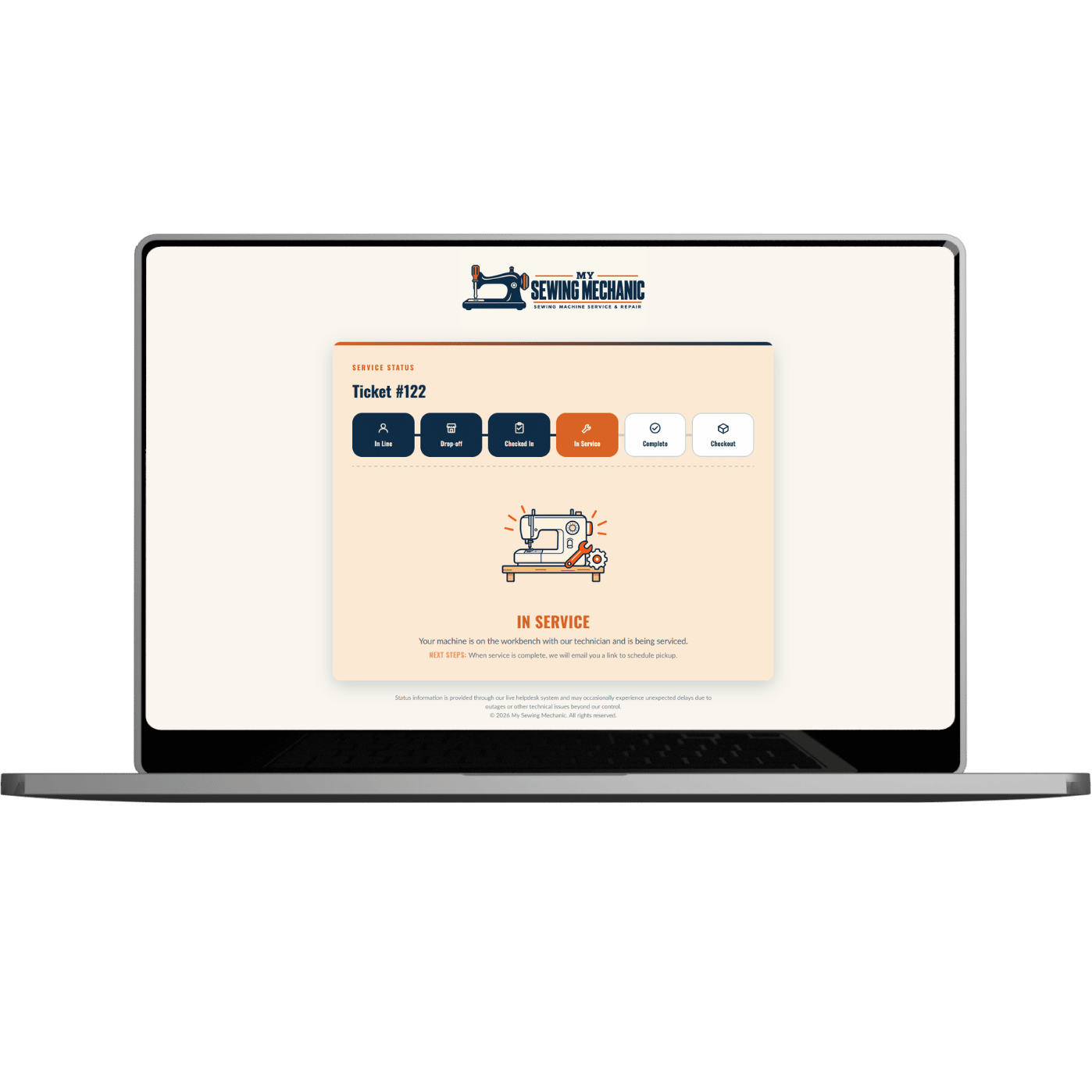 My Sewing Mechanic live status portal showing a ticket's current repair stage